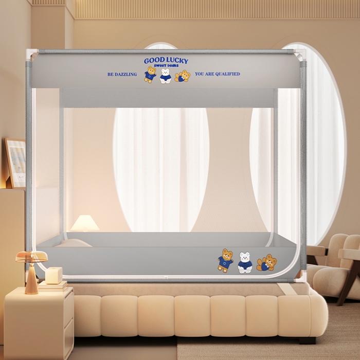 91家纺网 家纺一手货源 找家纺 青竹苑 2026新款双门全底外穿坐床式蚊帐儿童防摔防蚊拉链方帐 三只熊