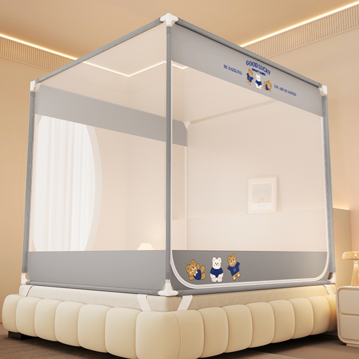 91家纺网 家纺一手货源 找家纺 青竹苑 2026新款双门全底外穿坐床式蚊帐儿童防摔防蚊拉链方帐 三只熊