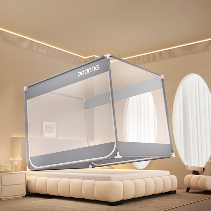 91家纺网 家纺一手货源 找家纺 青竹苑 2026新款双门全底外穿坐床式蚊帐儿童防摔防蚊拉链方帐 绅士灰