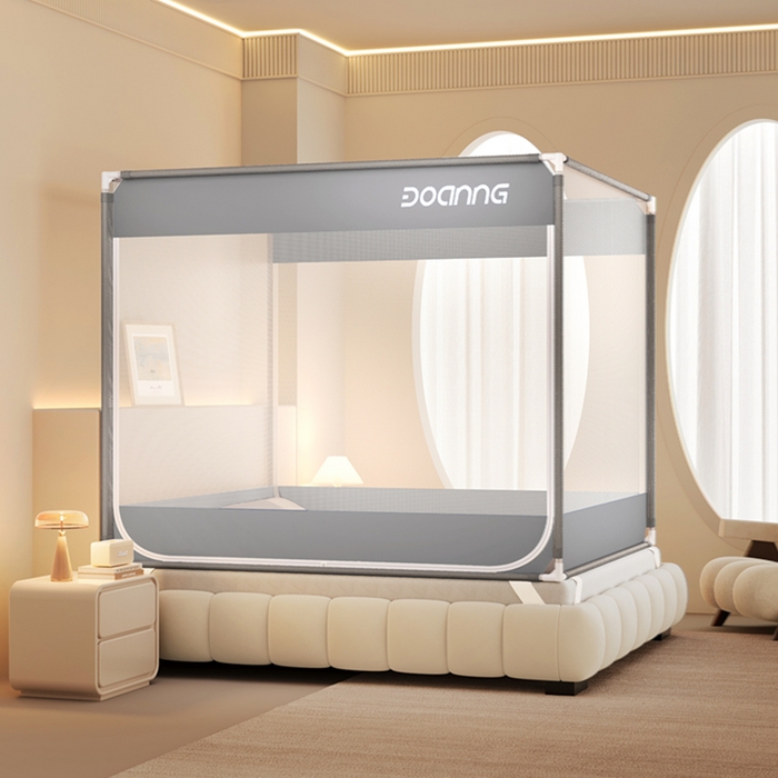 青竹苑 2026新款双门全底外穿坐床式蚊帐儿童防摔防蚊拉链方帐 绅士灰