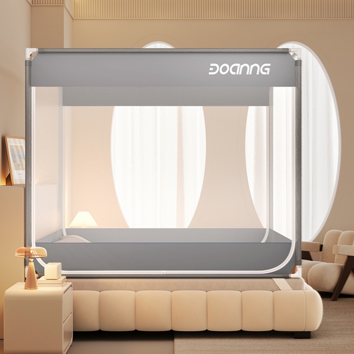 91家纺网 家纺一手货源 找家纺 青竹苑 2026新款双门全底外穿坐床式蚊帐儿童防摔防蚊拉链方帐 绅士灰