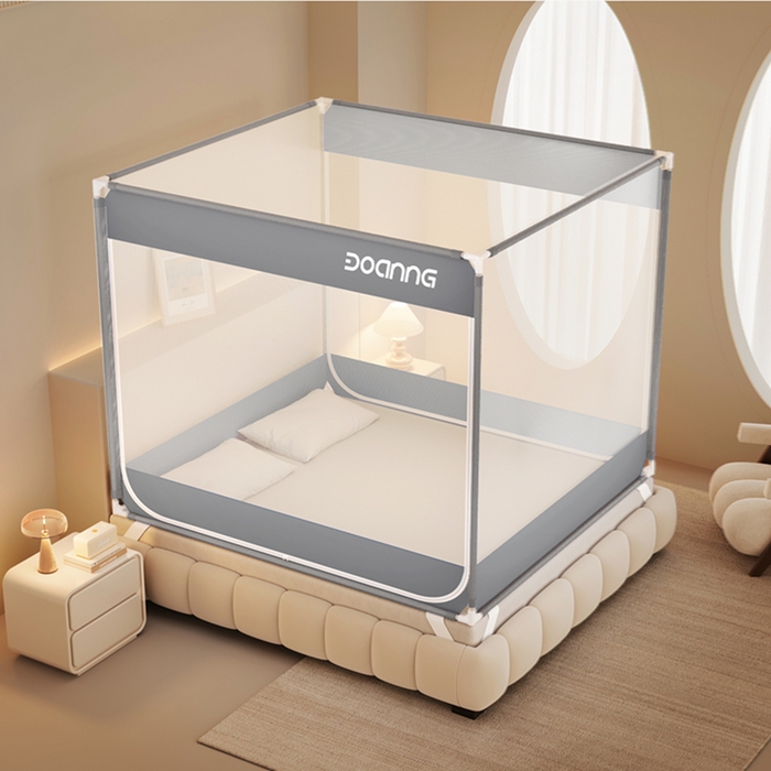 91家纺网 家纺一手货源 找家纺 青竹苑 2026新款双门全底外穿坐床式蚊帐儿童防摔防蚊拉链方帐 绅士灰