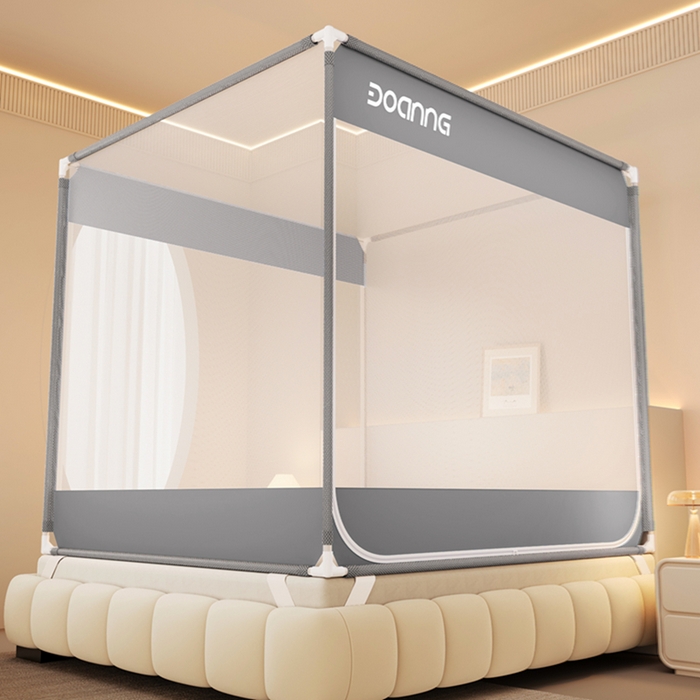 91家纺网 家纺一手货源 找家纺 青竹苑 2026新款双门全底外穿坐床式蚊帐儿童防摔防蚊拉链方帐 绅士灰