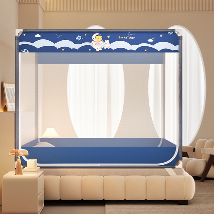 91家纺网 家纺一手货源 找家纺 青竹苑 2026新款双门全底外穿坐床式蚊帐儿童防摔防蚊拉链方帐 太空漫步