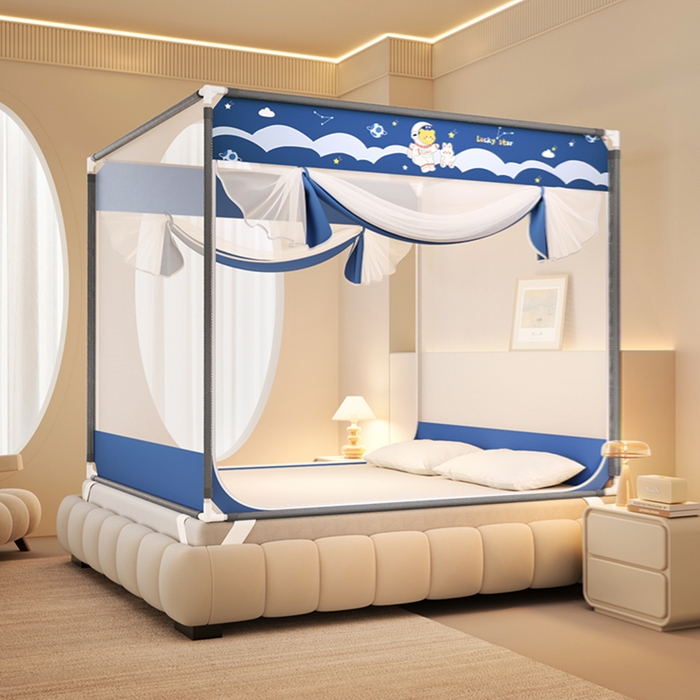 91家纺网 家纺一手货源 找家纺 青竹苑 2026新款双门全底外穿坐床式蚊帐儿童防摔防蚊拉链方帐 太空漫步