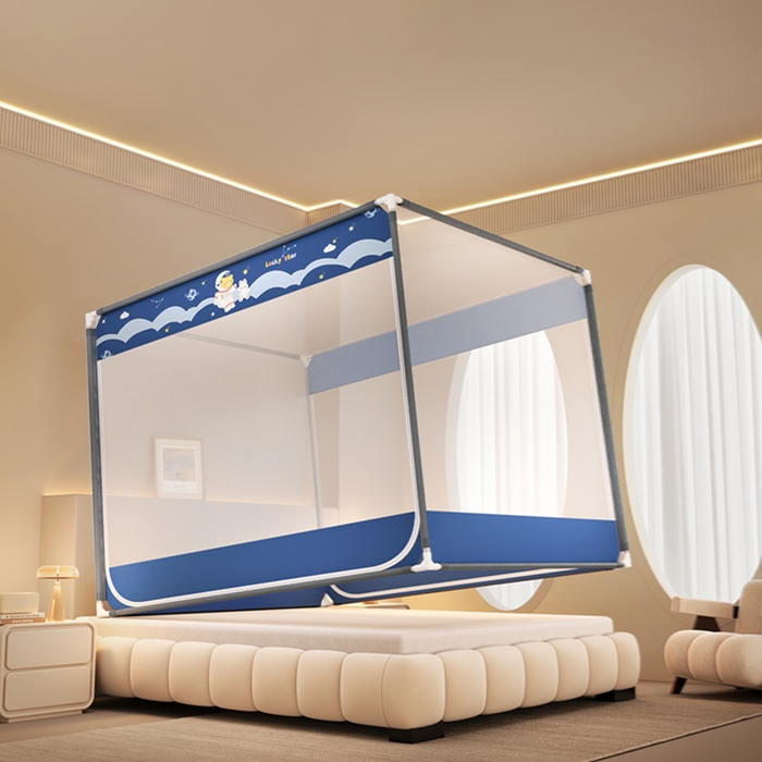 91家纺网 家纺一手货源 找家纺 青竹苑 2026新款双门全底外穿坐床式蚊帐儿童防摔防蚊拉链方帐 太空漫步