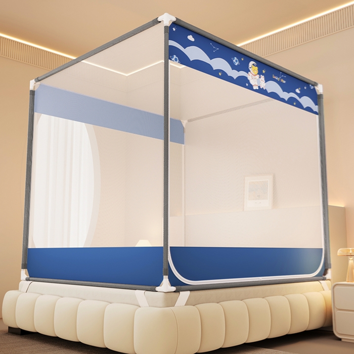 91家纺网 家纺一手货源 找家纺 青竹苑 2026新款双门全底外穿坐床式蚊帐儿童防摔防蚊拉链方帐 太空漫步