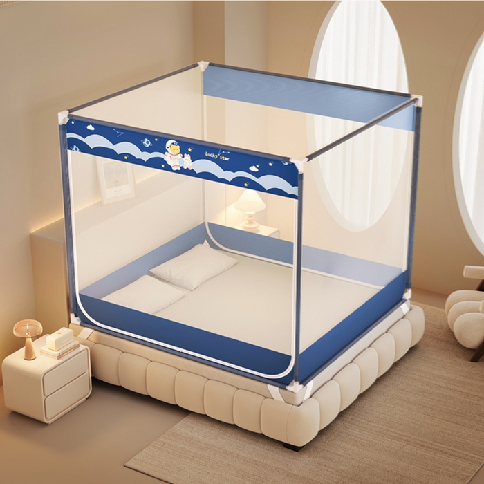 91家纺网 家纺一手货源 找家纺 青竹苑 2026新款双门全底外穿坐床式蚊帐儿童防摔防蚊拉链方帐 太空漫步