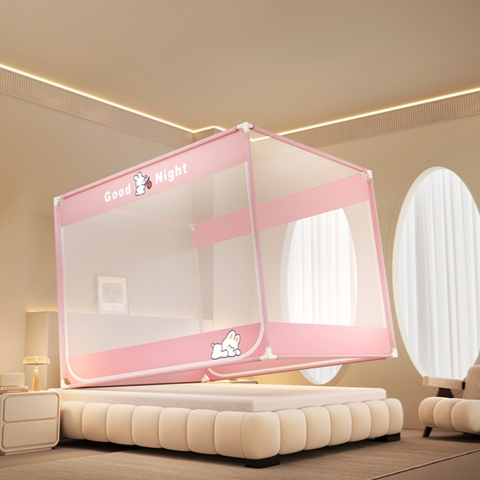 91家纺网 家纺一手货源 找家纺 青竹苑 2026新款双门全底外穿坐床式蚊帐儿童防摔防蚊拉链方帐 兔子粉