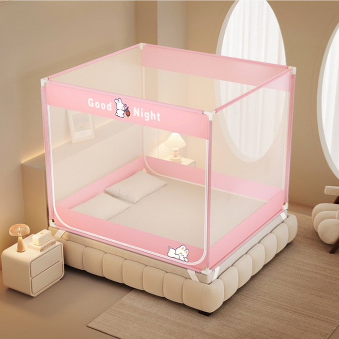 91家纺网 家纺一手货源 找家纺 青竹苑 2026新款双门全底外穿坐床式蚊帐儿童防摔防蚊拉链方帐 兔子粉