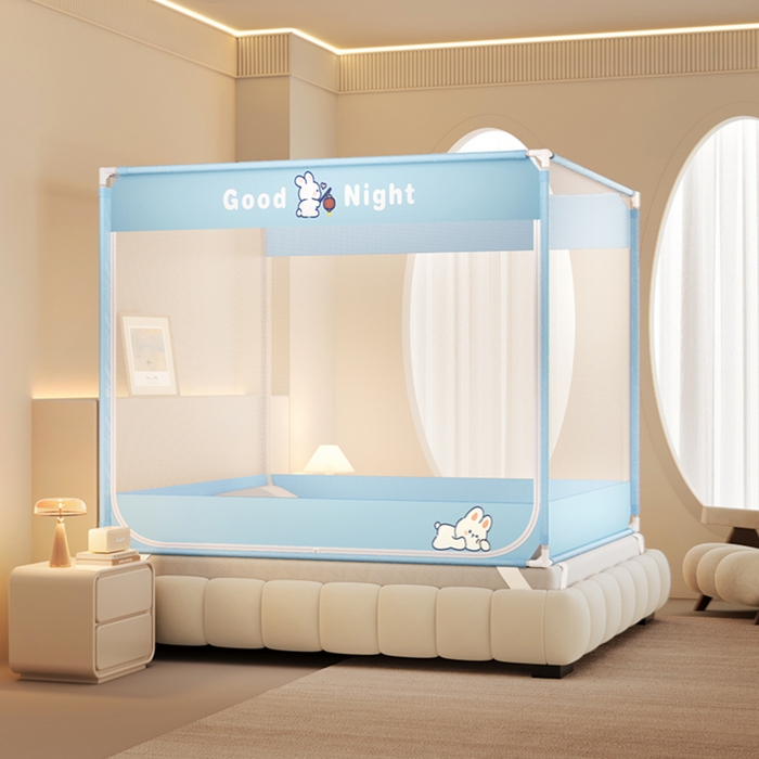 青竹苑 2026新款双门全底外穿坐床式蚊帐儿童防摔防蚊拉链方帐 兔子蓝