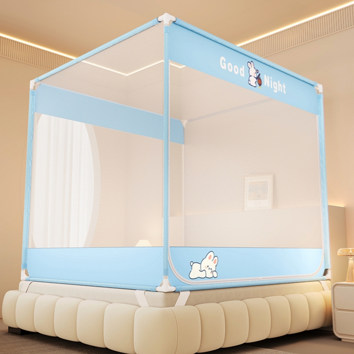 91家纺网 家纺一手货源 找家纺 青竹苑 2026新款双门全底外穿坐床式蚊帐儿童防摔防蚊拉链方帐 兔子蓝