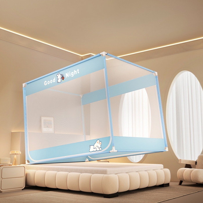 91家纺网 家纺一手货源 找家纺 青竹苑 2026新款双门全底外穿坐床式蚊帐儿童防摔防蚊拉链方帐 兔子蓝