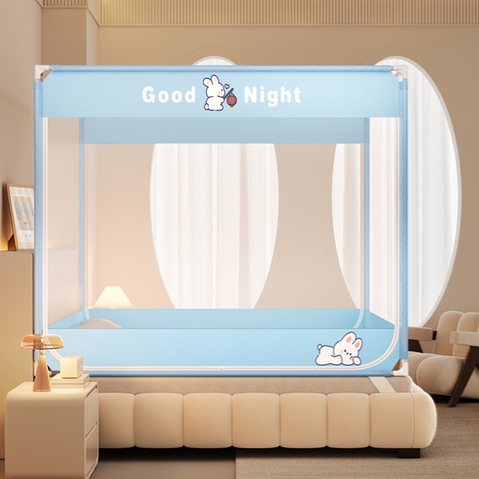 91家纺网 家纺一手货源 找家纺 青竹苑 2026新款双门全底外穿坐床式蚊帐儿童防摔防蚊拉链方帐 兔子蓝