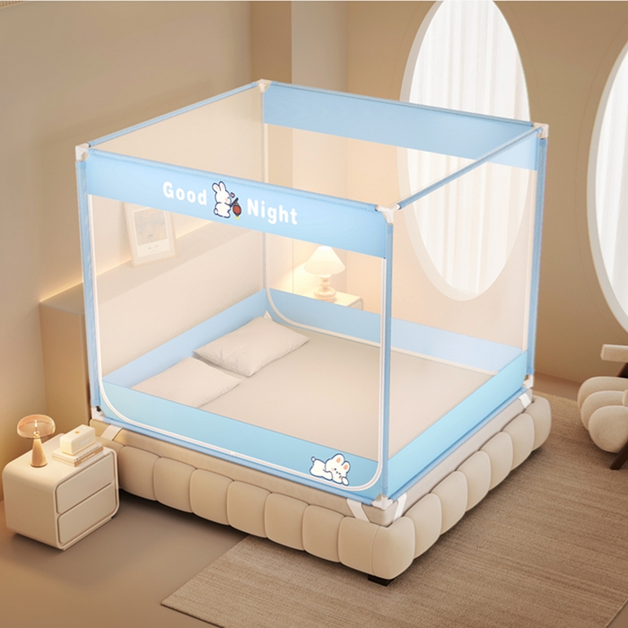 91家纺网 家纺一手货源 找家纺 青竹苑 2026新款双门全底外穿坐床式蚊帐儿童防摔防蚊拉链方帐 兔子蓝