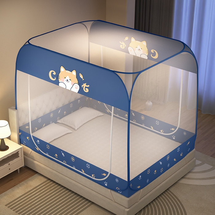 91家纺网 家纺一手货源 找家纺 青竹苑 2026新款免安装蒙古包大顶魔术蚊帐布三角款 懒猫蓝布三角