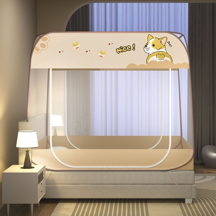 91家纺网 家纺一手货源 找家纺 青竹苑 2026新款免安装蒙古包大顶魔术蚊帐布三角款 奈斯狗咖布三角