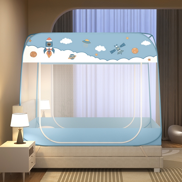 91家纺网 家纺一手货源 找家纺 青竹苑 2026新款免安装蒙古包大顶魔术蚊帐布三角款 太空蓝布三角