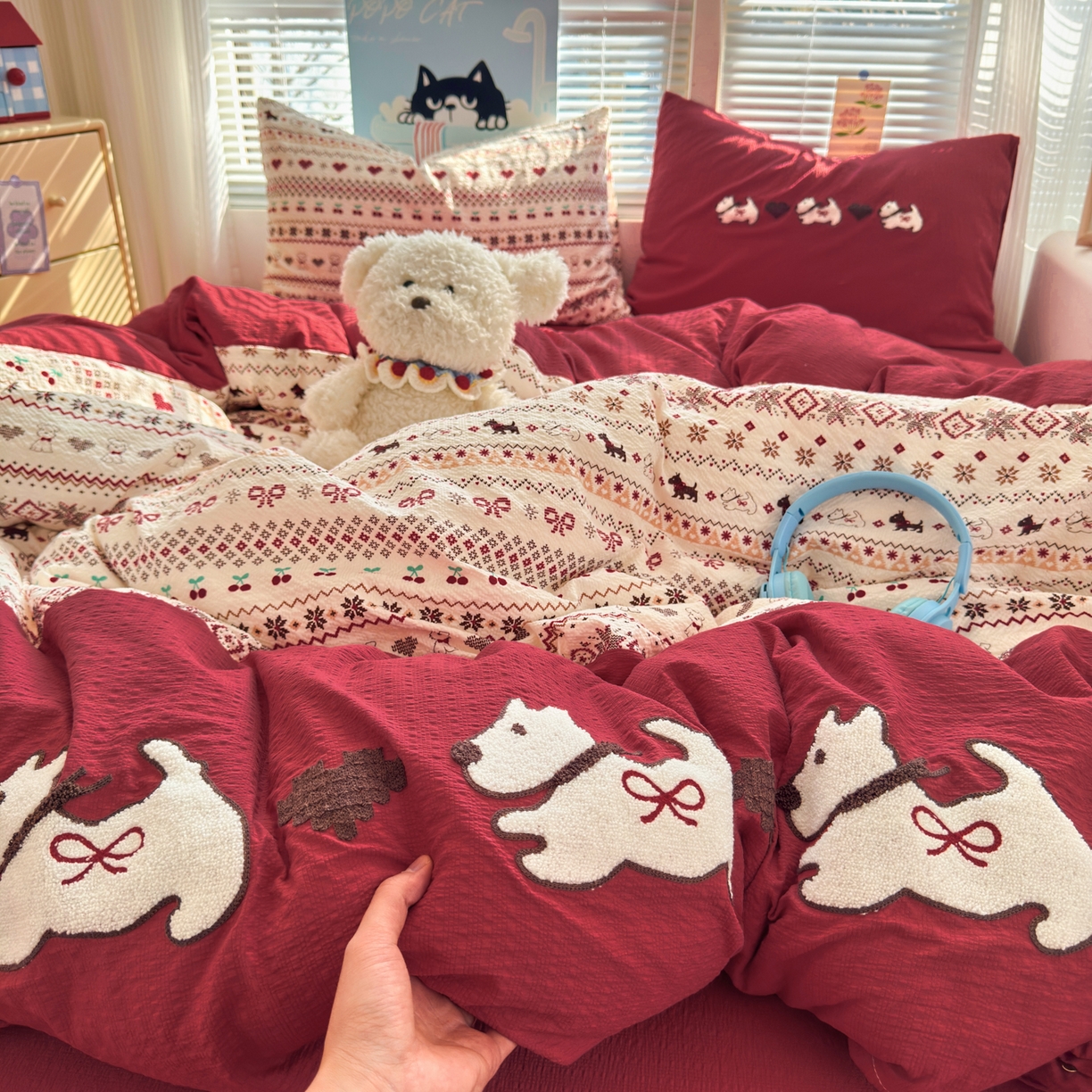 91家纺网 家纺一手货源 找家纺 （总）三元色 2026新款泡芙费尔岛绣花四件套