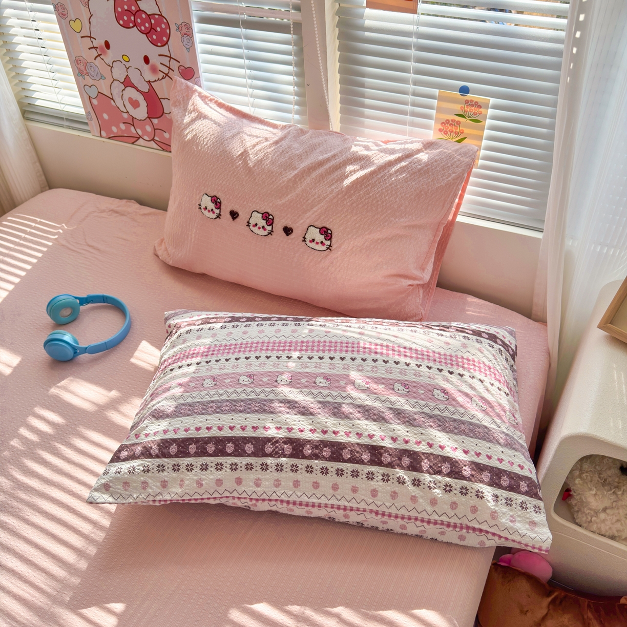 91家纺网 家纺一手货源 找家纺 三元色 2026新款泡芙费尔岛绣花四件套 费尔岛-甜心KT粉