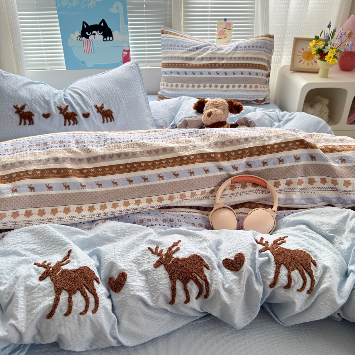 91家纺网 家纺一手货源 找家纺 三元色 2026新款泡芙费尔岛绣花四件套 费尔岛-心动驯鹿