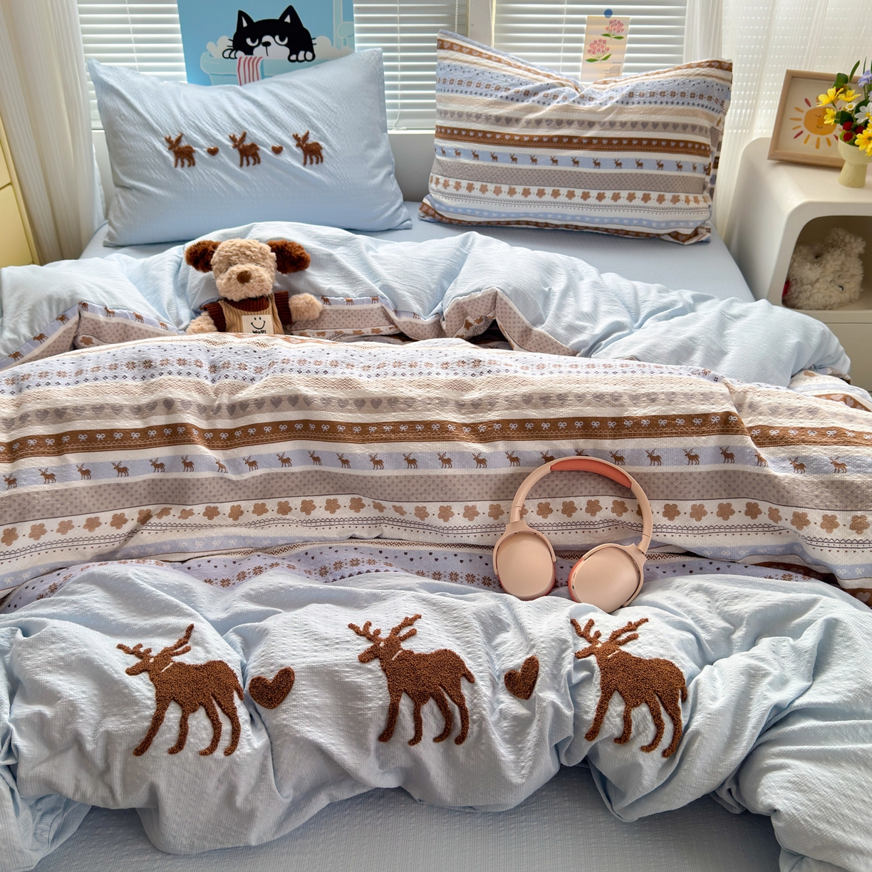 91家纺网 家纺一手货源 找家纺 三元色 2026新款泡芙费尔岛绣花四件套 费尔岛-心动驯鹿