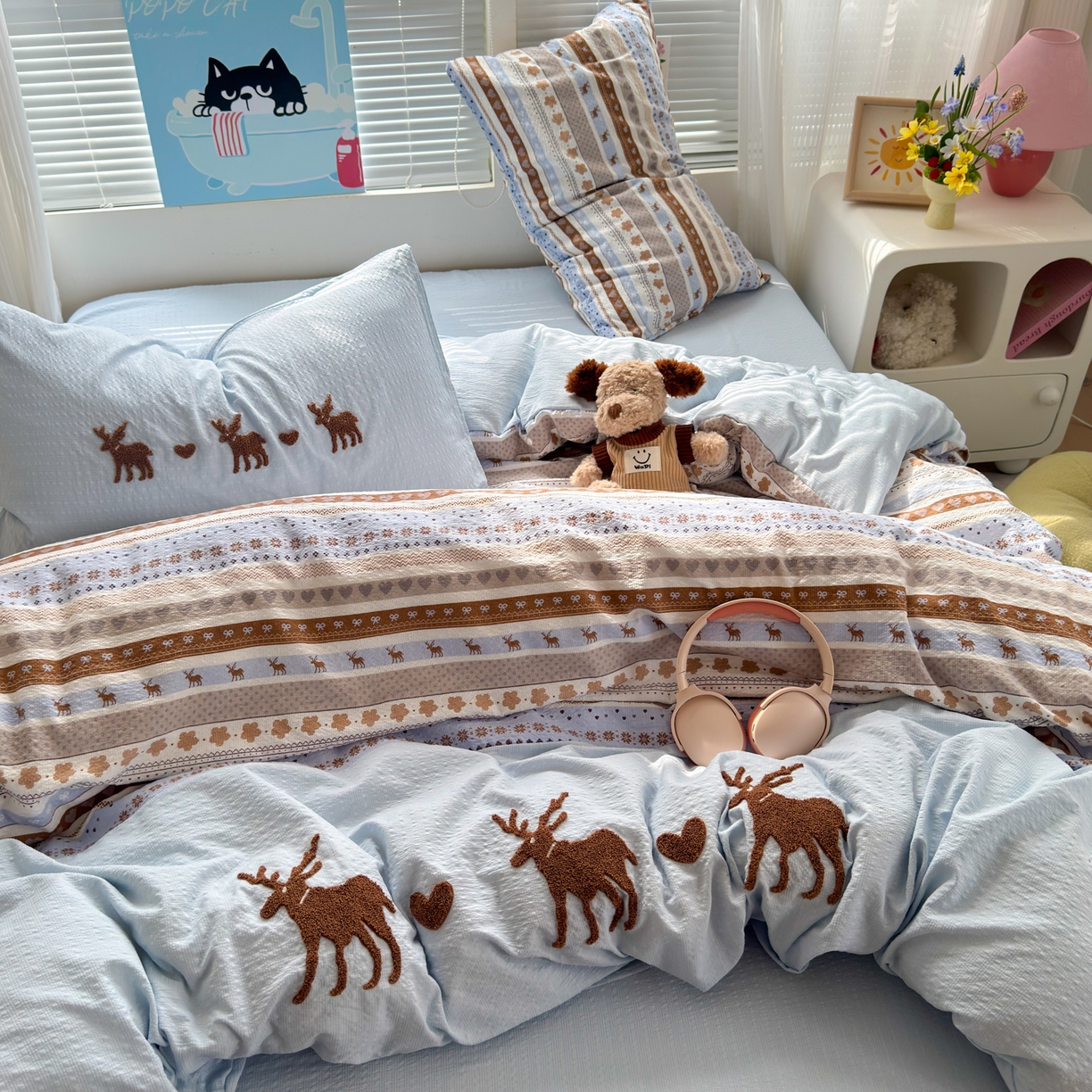 91家纺网 家纺一手货源 找家纺 三元色 2026新款泡芙费尔岛绣花四件套 费尔岛-心动驯鹿