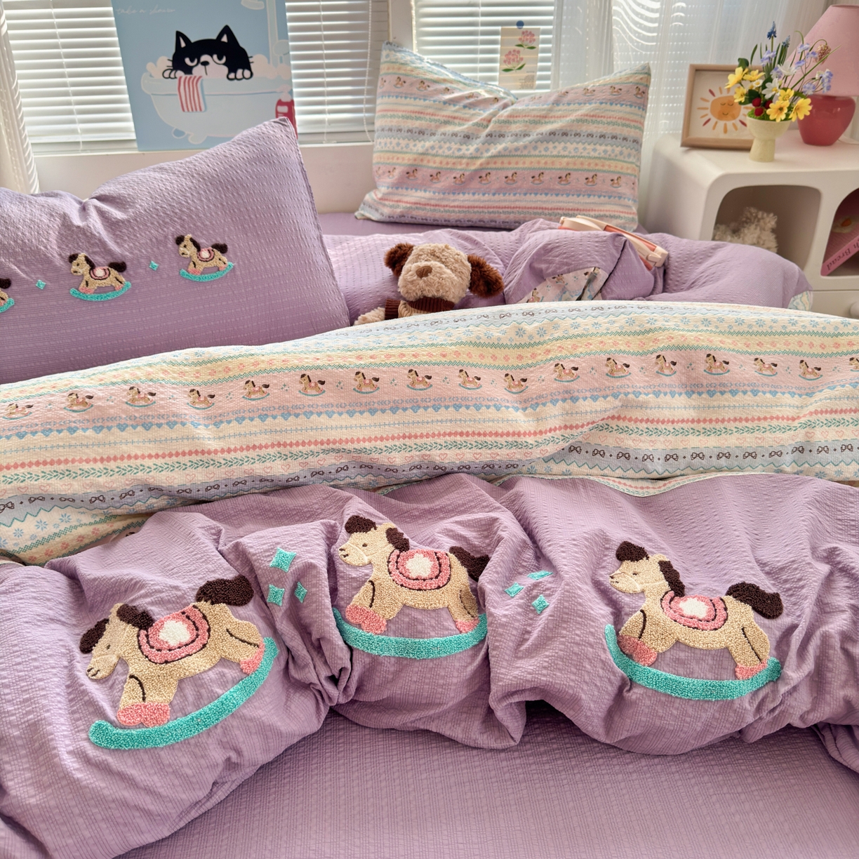 91家纺网 家纺一手货源 找家纺 三元色 2026新款泡芙费尔岛绣花四件套 费尔岛-旋转木马