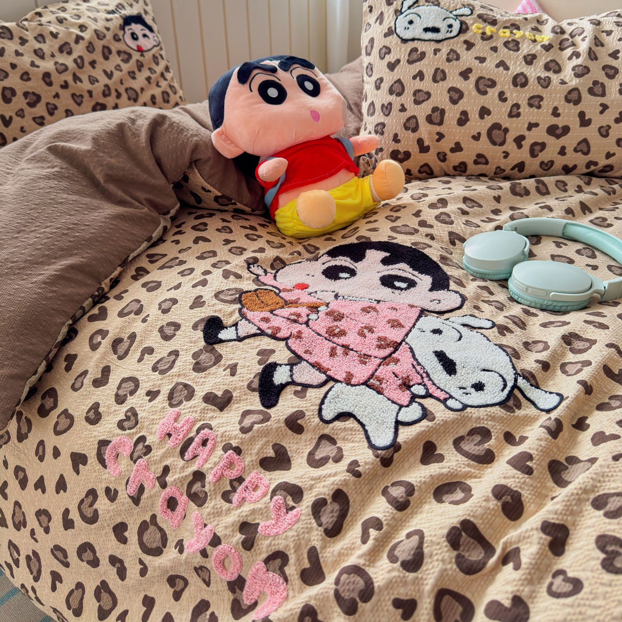 91家纺网 家纺一手货源 找家纺 三元色 2026新款泡芙双层纱豹纹系列四件套 豹纹小新-咖