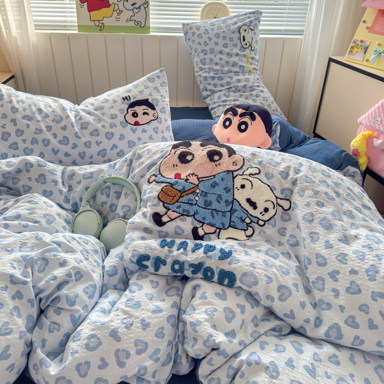 91家纺网 家纺一手货源 找家纺 三元色 2026新款泡芙双层纱豹纹系列四件套 豹纹小新-蓝