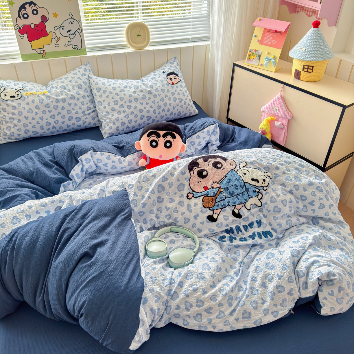 91家纺网 家纺一手货源 找家纺 三元色 2026新款泡芙双层纱豹纹系列四件套 豹纹小新-蓝