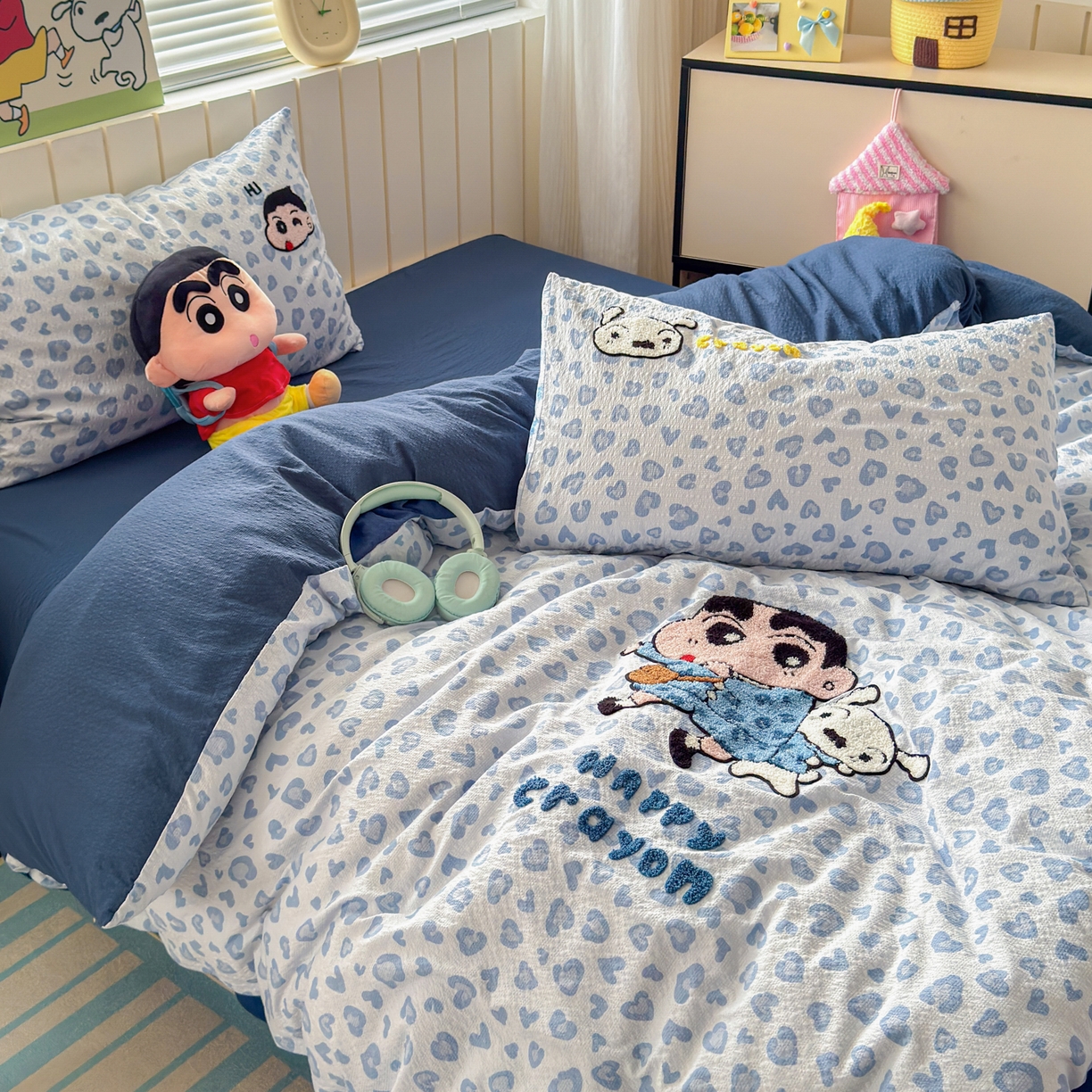 91家纺网 家纺一手货源 找家纺 三元色 2026新款泡芙双层纱豹纹系列四件套 豹纹小新-蓝