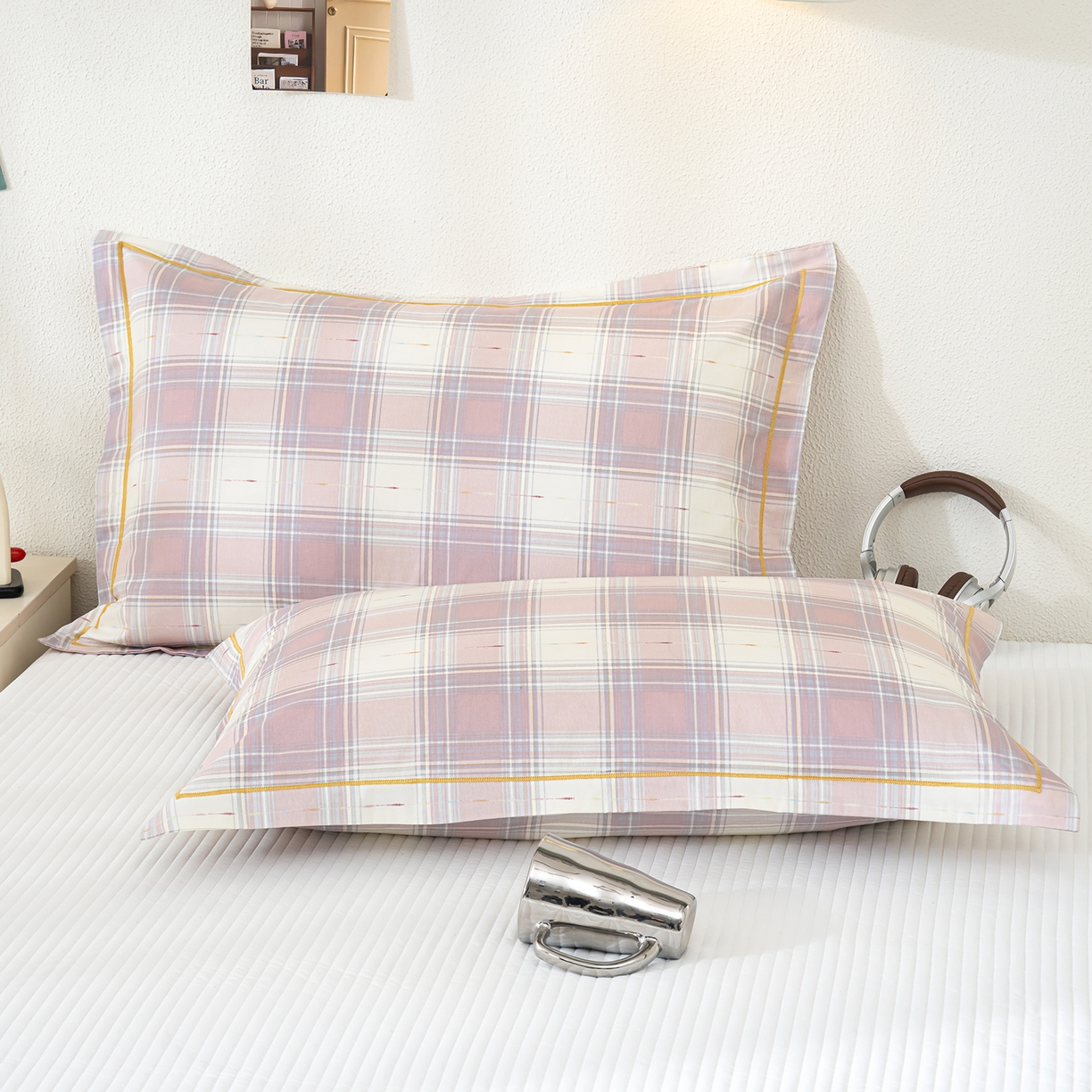 良佐生活 2026新款40支铂金精梳全棉一字绣枕套 溪言-粉