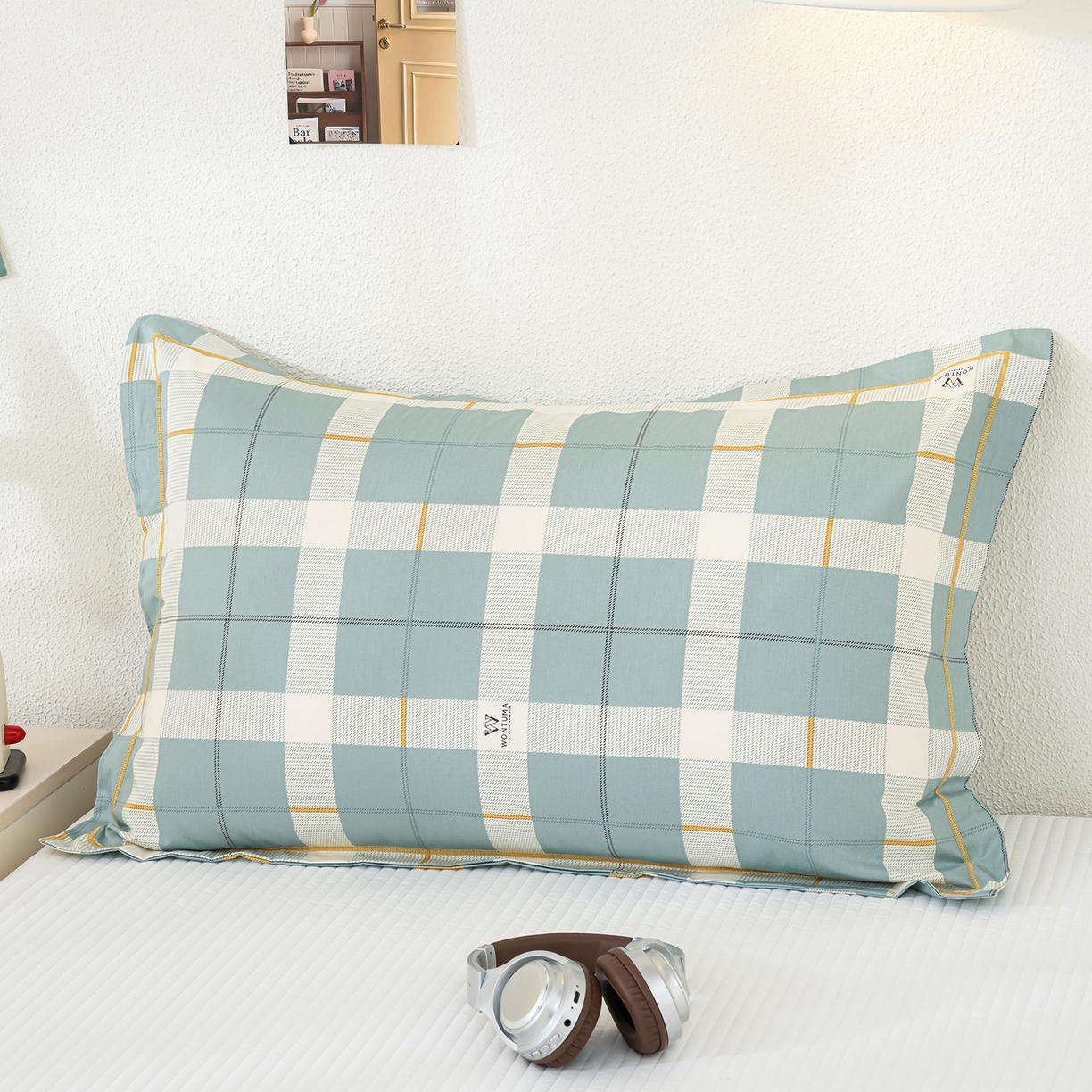 91家纺网 家纺一手货源 找家纺 良佐生活 2026新款40支铂金精梳全棉一字绣枕套 初遇-绿