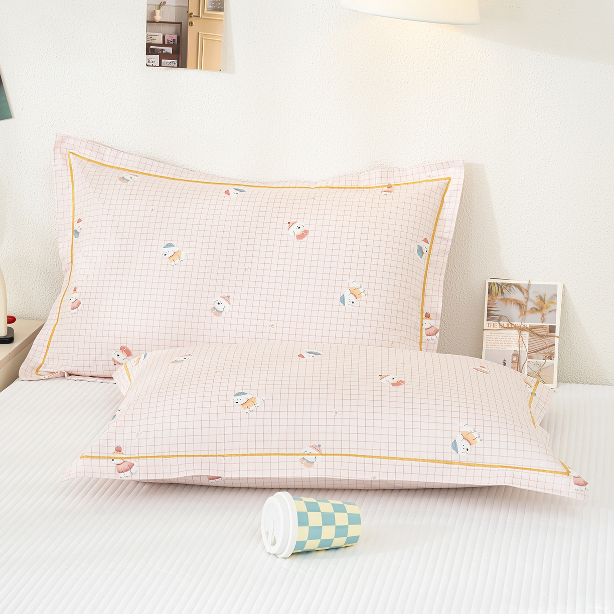 良佐生活 2026新款40支铂金精梳全棉一字绣枕套 格纹萌熊