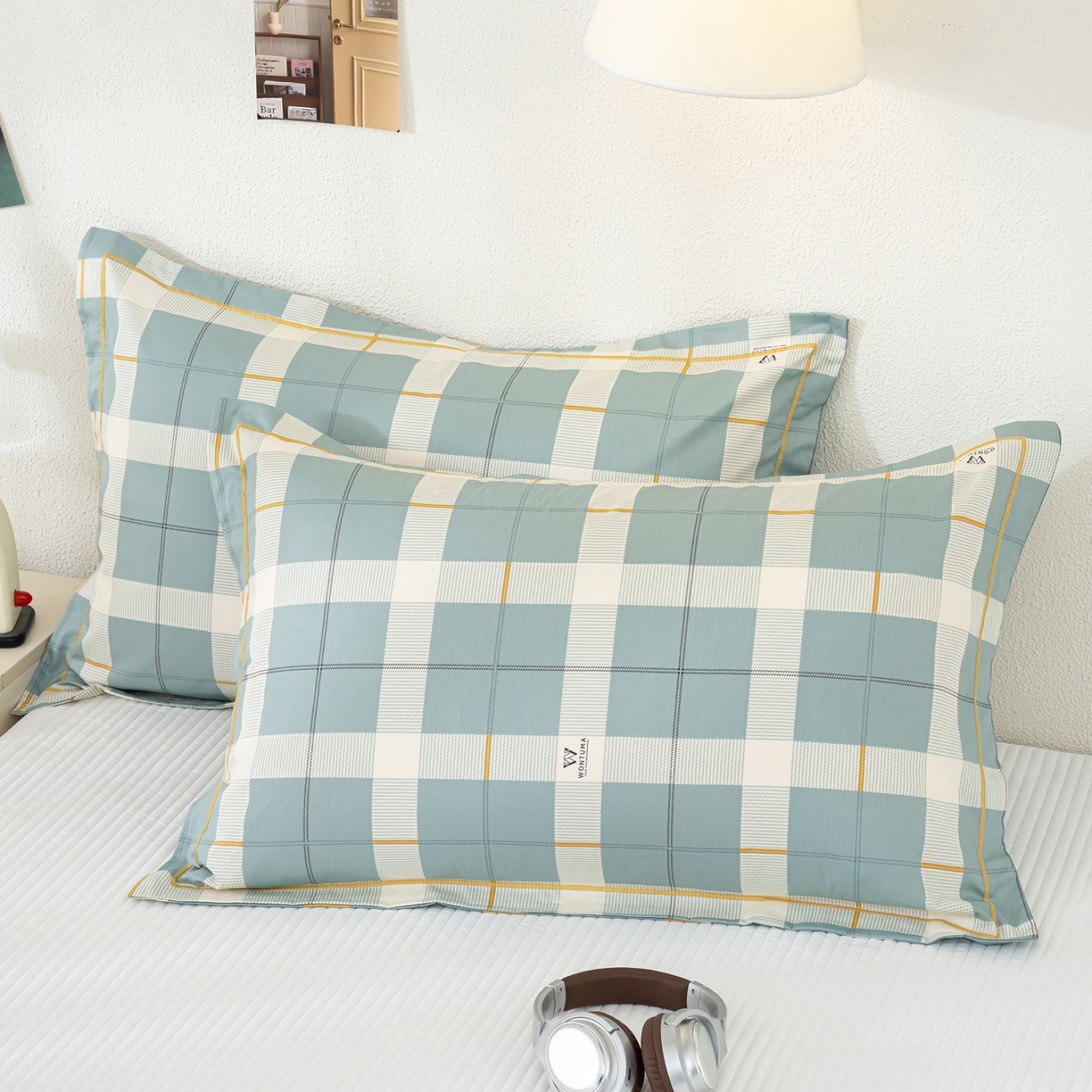 91家纺网 家纺一手货源 找家纺 良佐生活 2026新款40支铂金精梳全棉一字绣枕套 初遇-绿