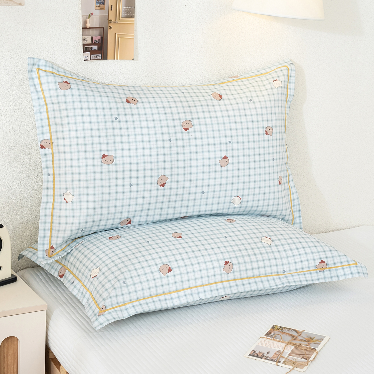 91家纺网 家纺一手货源 找家纺 良佐生活 2026新款40支铂金精梳全棉一字绣枕套 青格萌喵