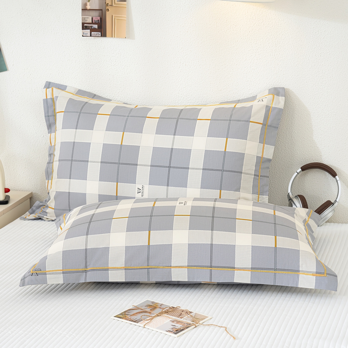 良佐生活 2026新款40支铂金精梳全棉一字绣枕套 初遇-灰