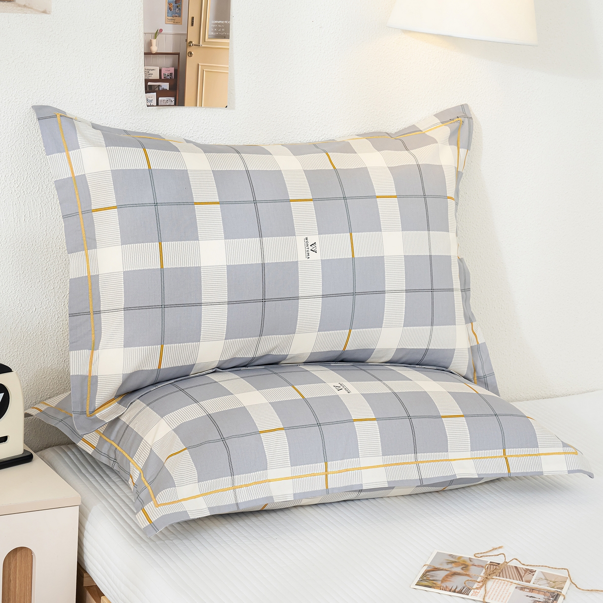 91家纺网 家纺一手货源 找家纺 良佐生活 2026新款40支铂金精梳全棉一字绣枕套 初遇-灰