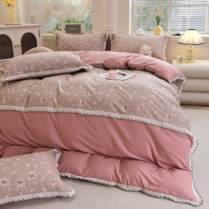 91家纺网 家纺一手货源 找家纺 北部居 2026新款水洗仿棉韩版花边款田园复古风小清新四件套-第一款 花悦美