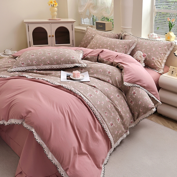 91家纺网 家纺一手货源 找家纺 北部居 2026新款水洗仿棉韩版花边款田园复古风小清新四件套-第一款 花悦美