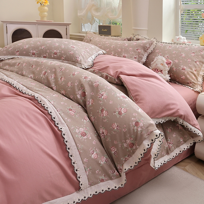 91家纺网 家纺一手货源 找家纺 北部居 2026新款水洗仿棉韩版花边款田园复古风小清新四件套-第一款 花悦美