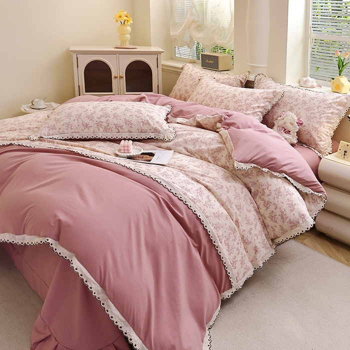 91家纺网 家纺一手货源 找家纺 北部居 2026新款水洗仿棉韩版花边款田园复古风小清新四件套-第一款 韶华