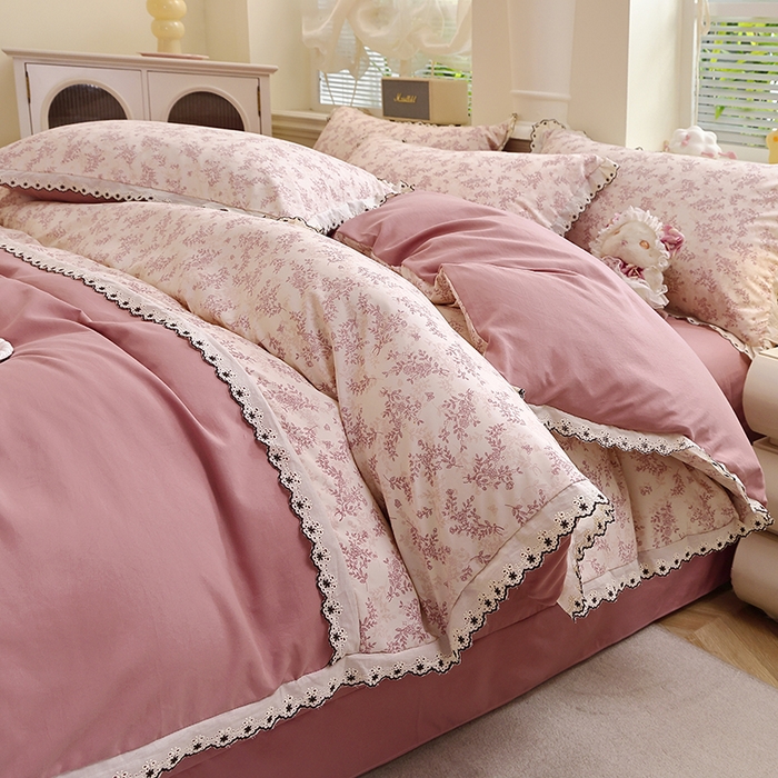 91家纺网 家纺一手货源 找家纺 北部居 2026新款水洗仿棉韩版花边款田园复古风小清新四件套-第一款 韶华