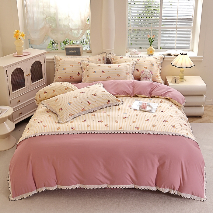 91家纺网 家纺一手货源 找家纺 北部居 2026新款水洗仿棉韩版花边款田园复古风小清新四件套-第一款 甜宠