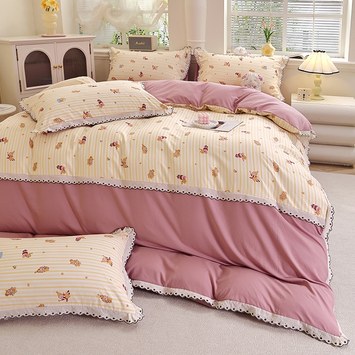 91家纺网 家纺一手货源 找家纺 北部居 2026新款水洗仿棉韩版花边款田园复古风小清新四件套-第一款 甜宠