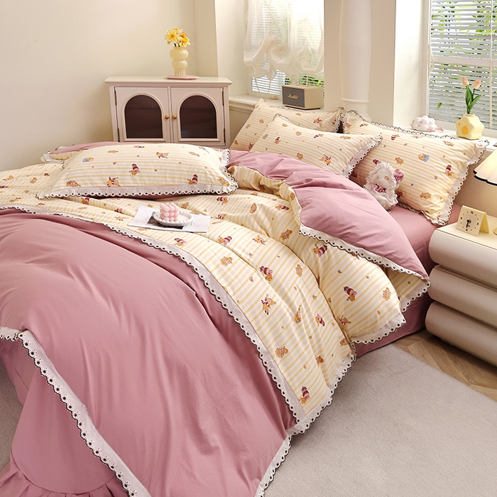 91家纺网 家纺一手货源 找家纺 北部居 2026新款水洗仿棉韩版花边款田园复古风小清新四件套-第一款 甜宠