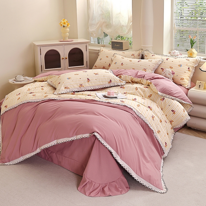 91家纺网 家纺一手货源 找家纺 北部居 2026新款水洗仿棉韩版花边款田园复古风小清新四件套-第一款 甜宠