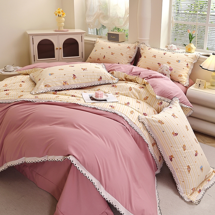 91家纺网 家纺一手货源 找家纺 北部居 2026新款水洗仿棉韩版花边款田园复古风小清新四件套-第一款 甜宠