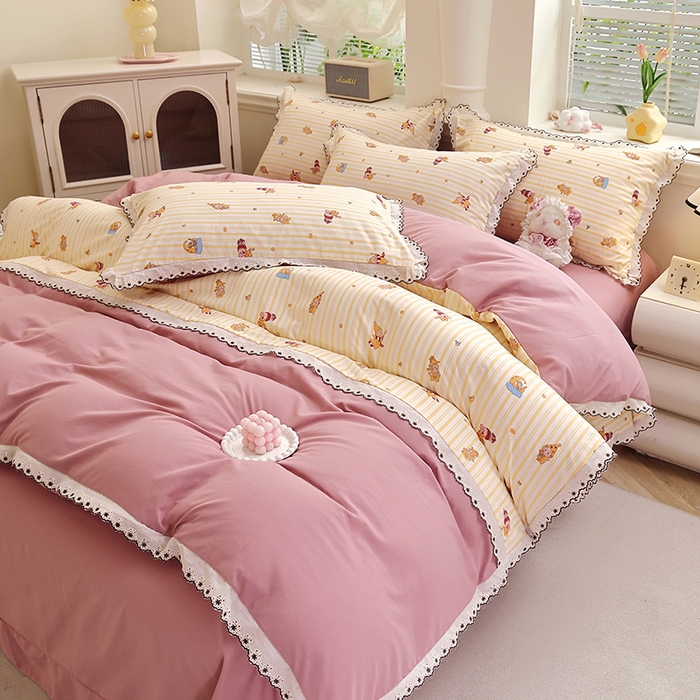 91家纺网 家纺一手货源 找家纺 北部居 2026新款水洗仿棉韩版花边款田园复古风小清新四件套-第一款 甜宠